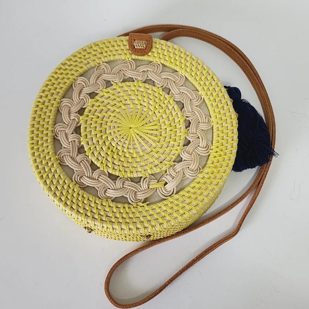 Hand Crafted Bali Yellow & Beige Tassel Rattan Circle Crossbody Bag